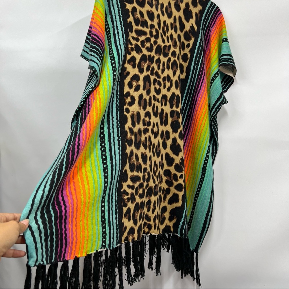 Crazy Train reg Multicolor Leopard animal Print Tunic poncho fringe hem floral - Picture 6 of 11